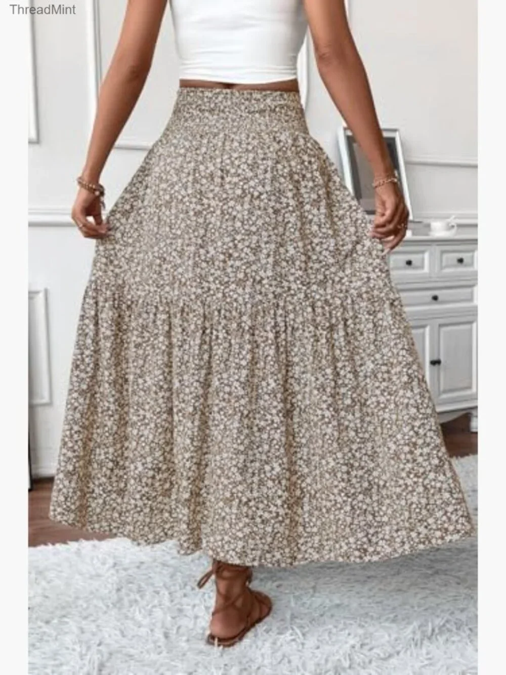 Women's Smocked High Waist Maxi Skirt Casual Boho Long Skirts with Pockets - Picture 2 of 7